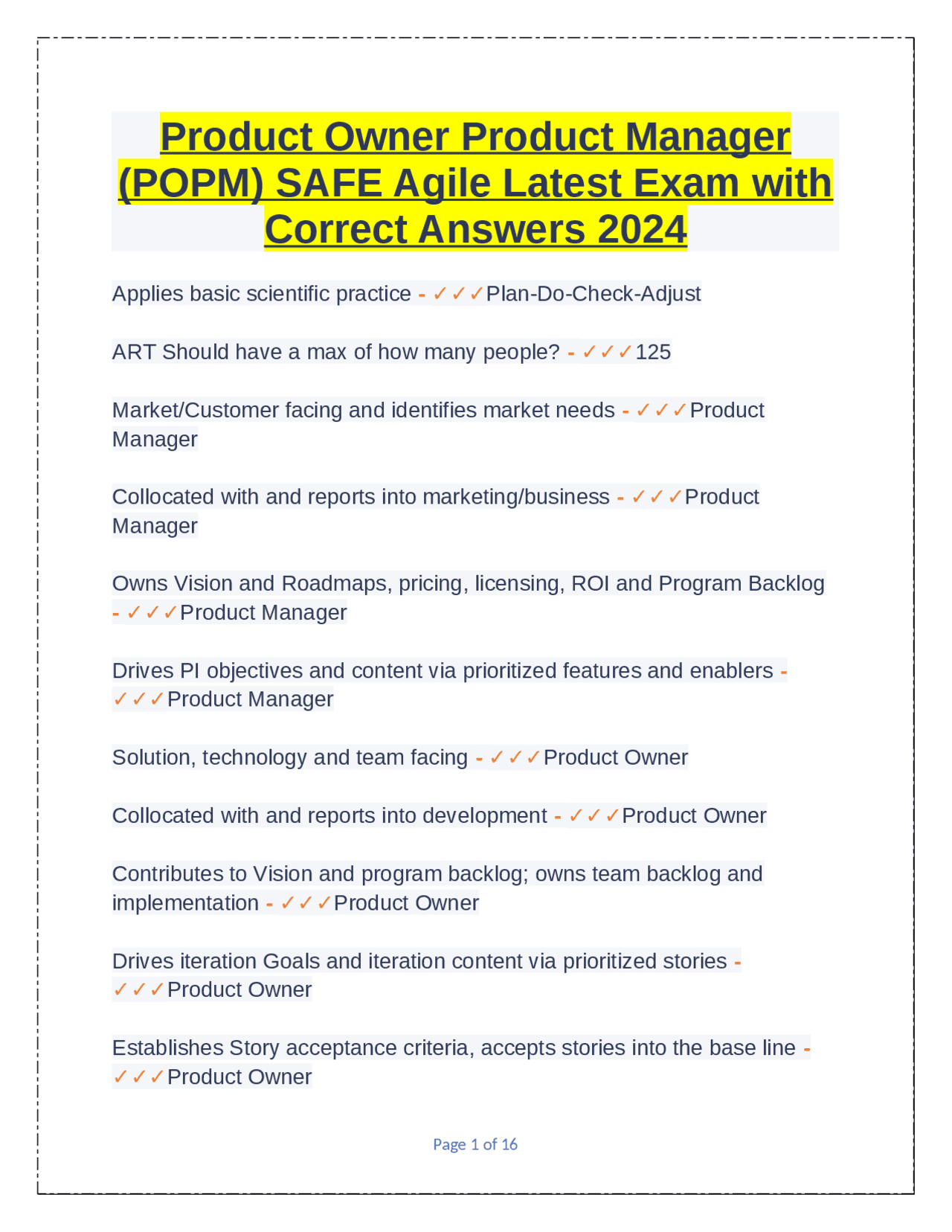 Product Owner Product Manager (POPM) SAFE Agile Latest Exam with