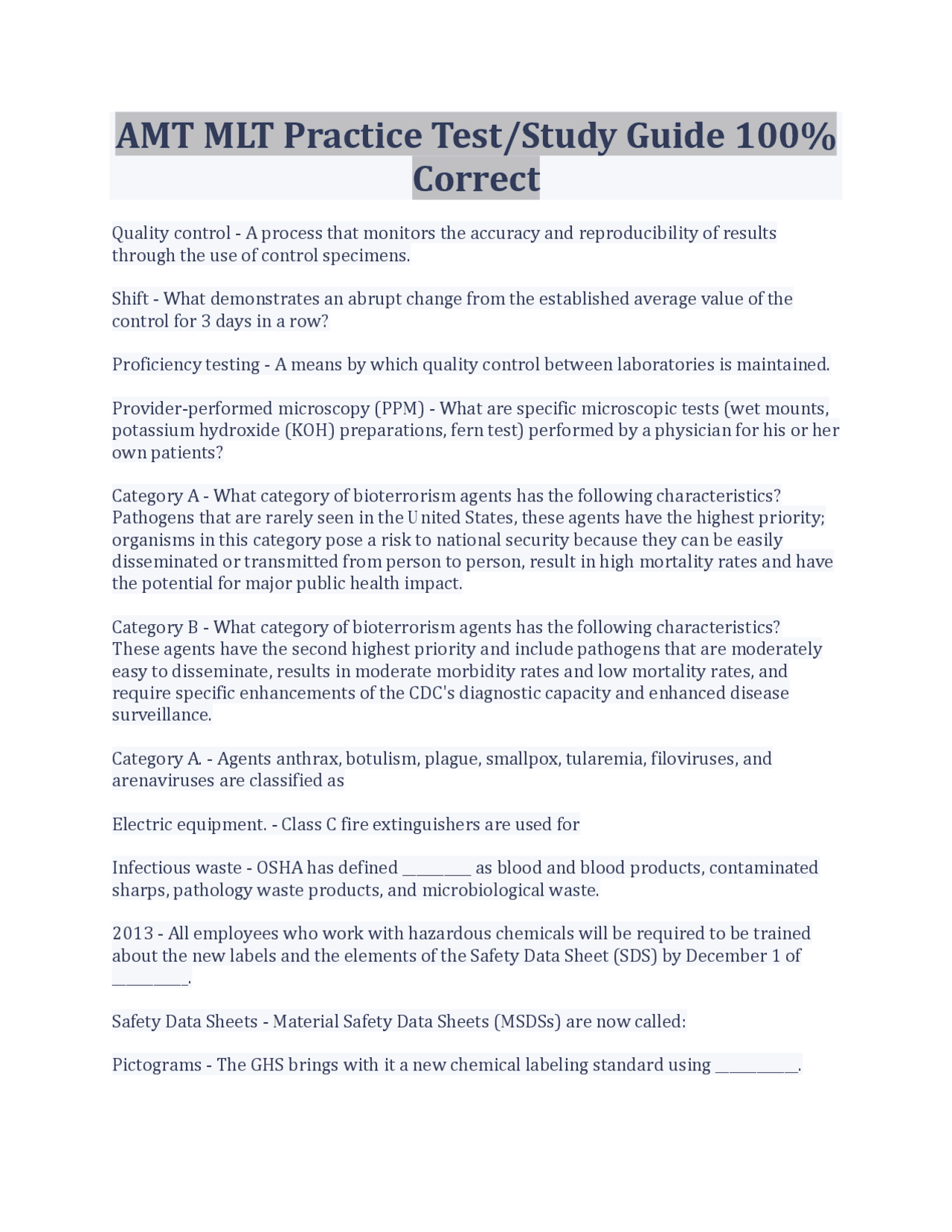 AMT MLT Practice Test/Study Guide 100 Correct Exams Health sciences