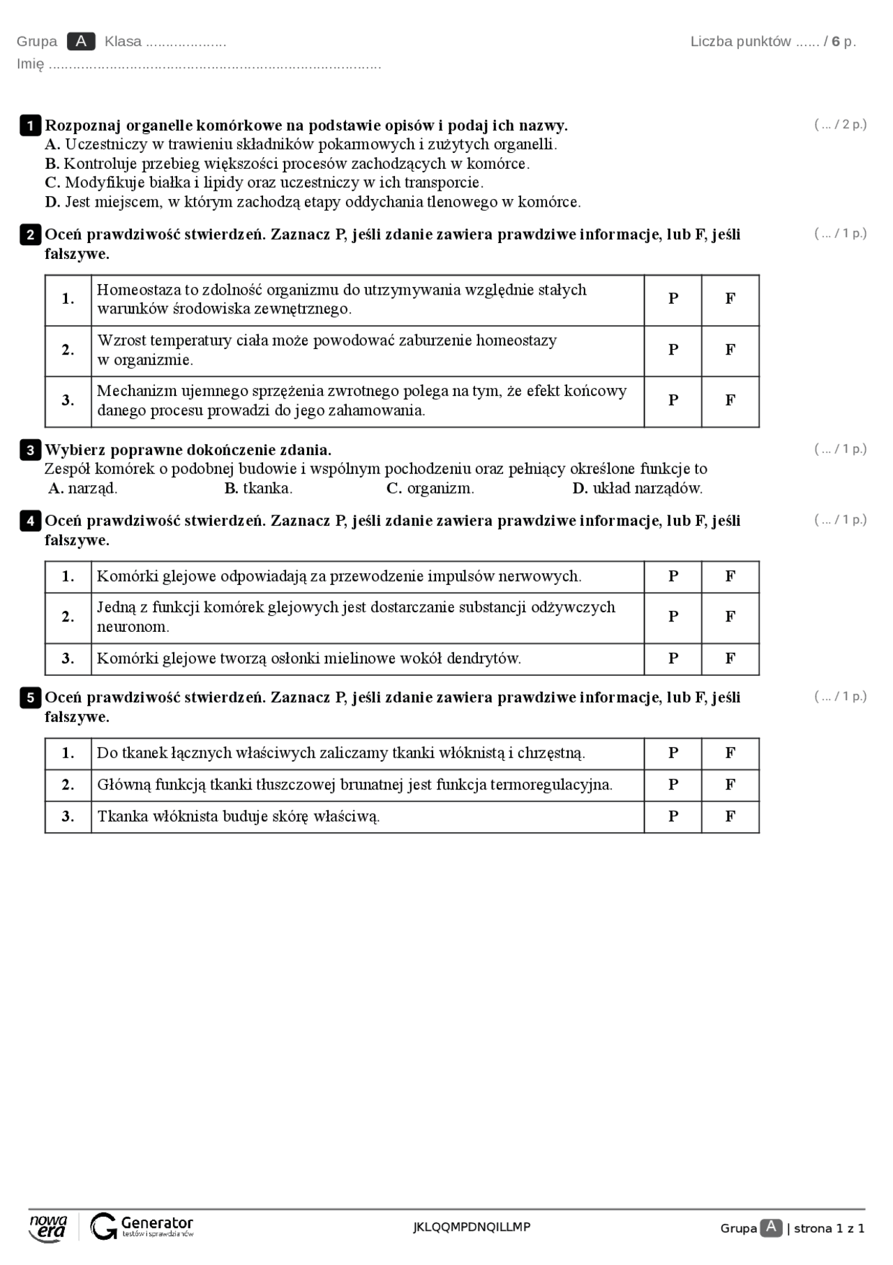 Sprawdzian Organizm Człowieka | Testy Biologia | Docsity