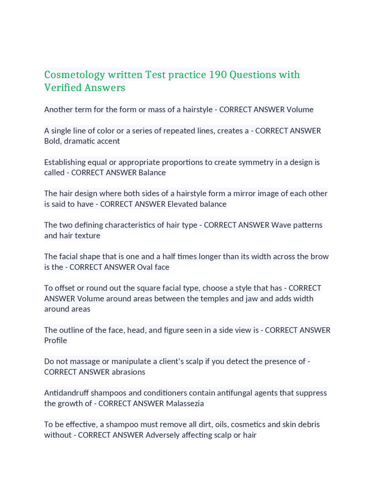 Cosmetology written Test practice 190 Questions with Verified Answers ...