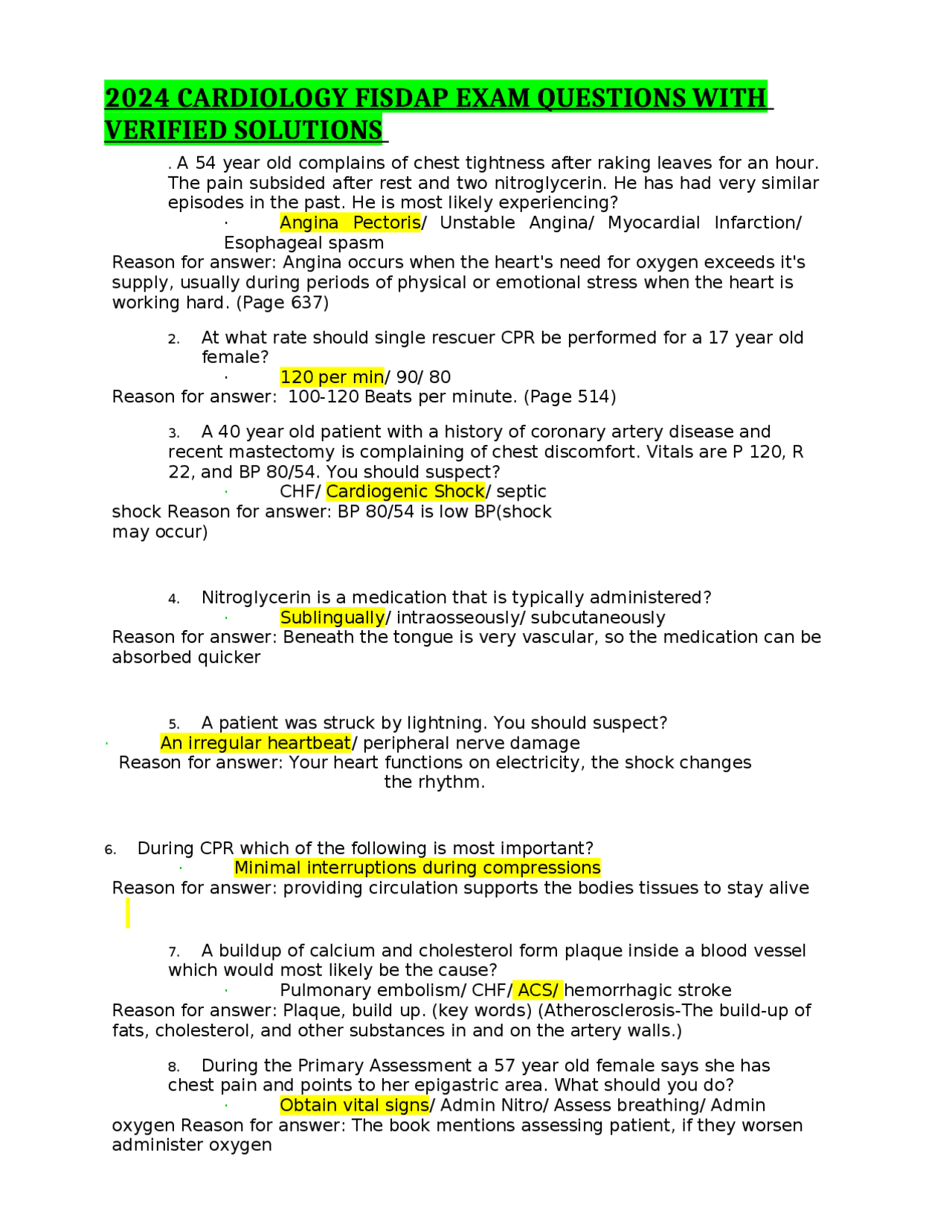 2024 Cardiology Fisdap Exam Questions With Verified Solutions Exams