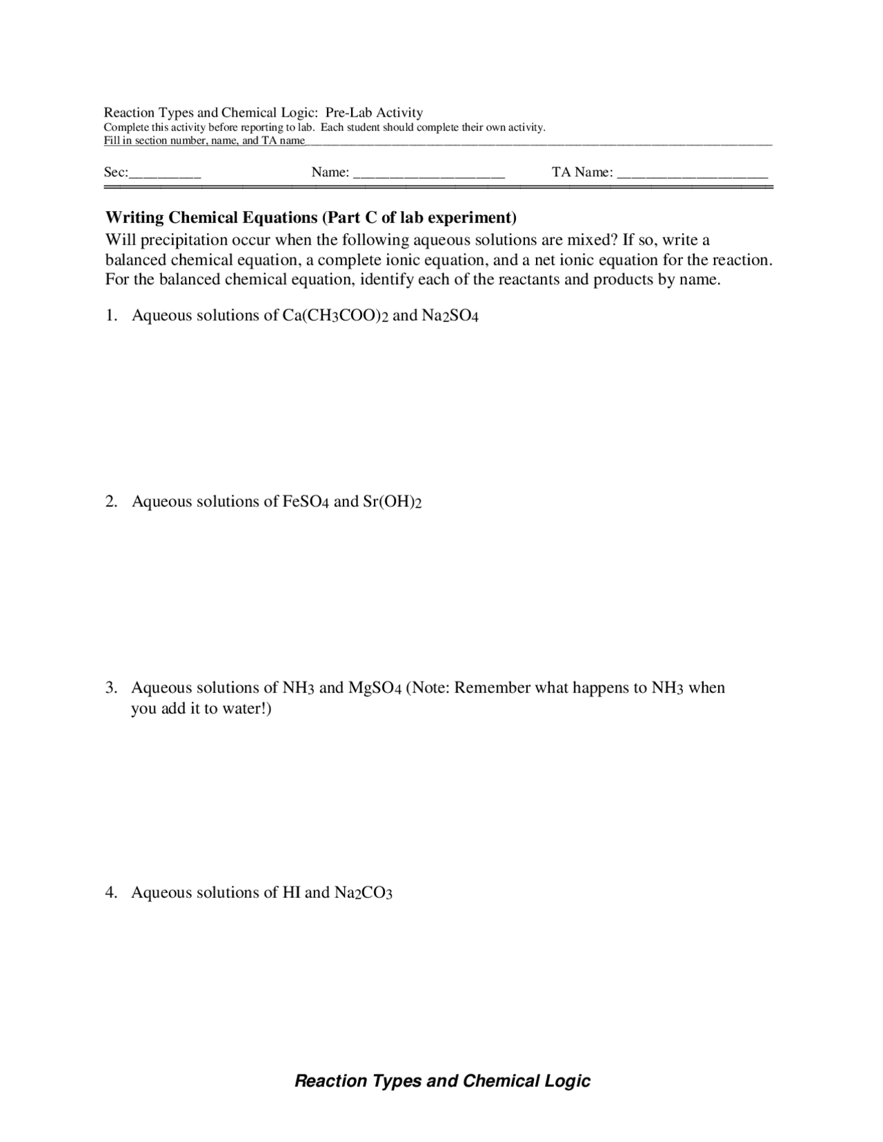 Reaction Types and Chemical Logic PreLab UW Madison Chem 103 ...