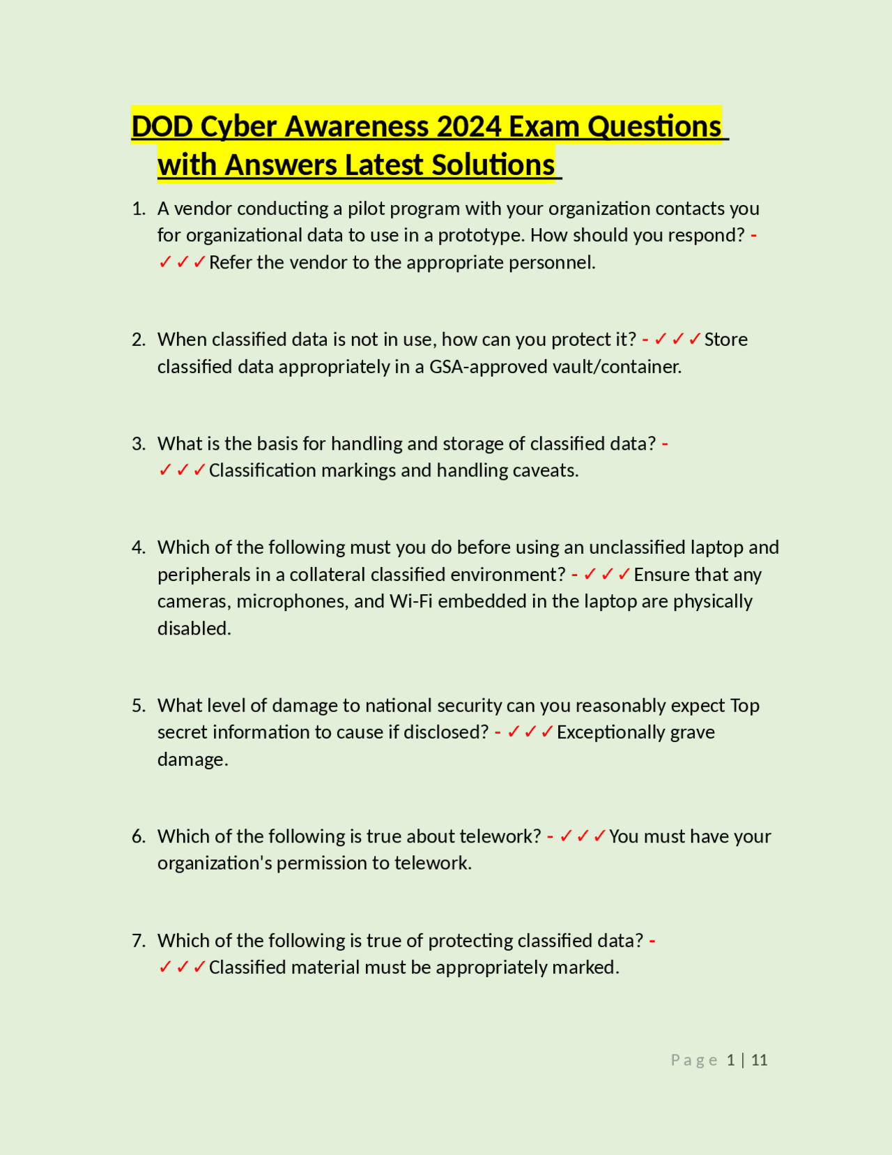 DOD Cyber Awareness 2024 Exam Questions with Answers Latest Solutions ...