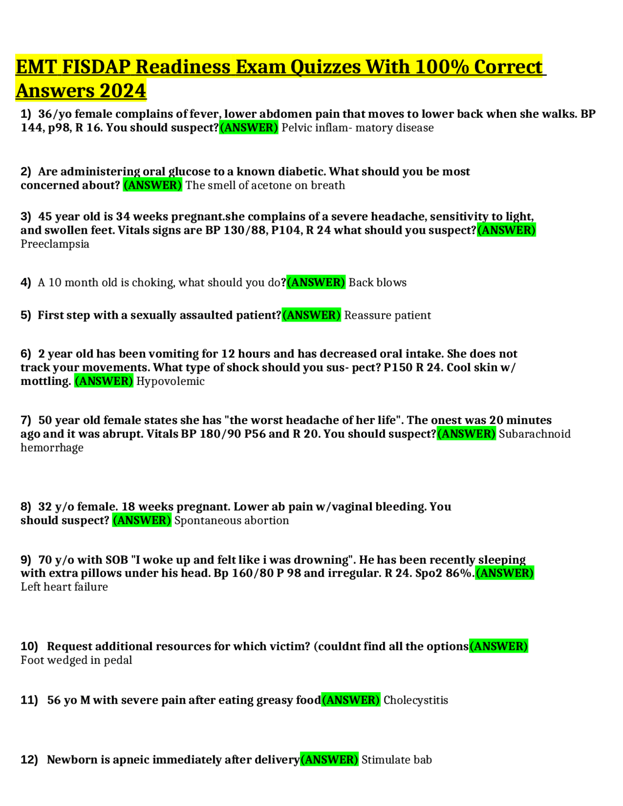 EMT FISDAP Readiness Exam Quizzes With 100% Correct Answers 2024 ...