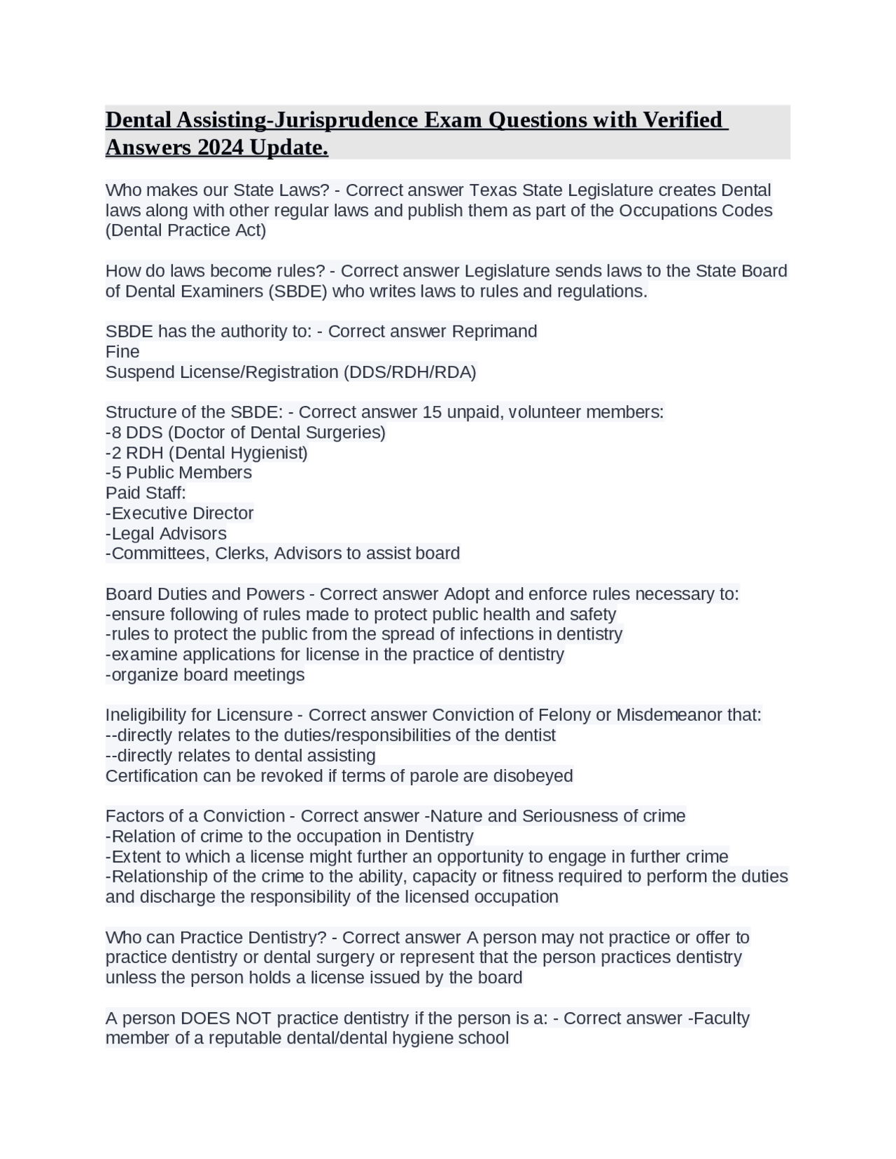 Dental AssistingJurisprudence Exam Questions with Verified Answers