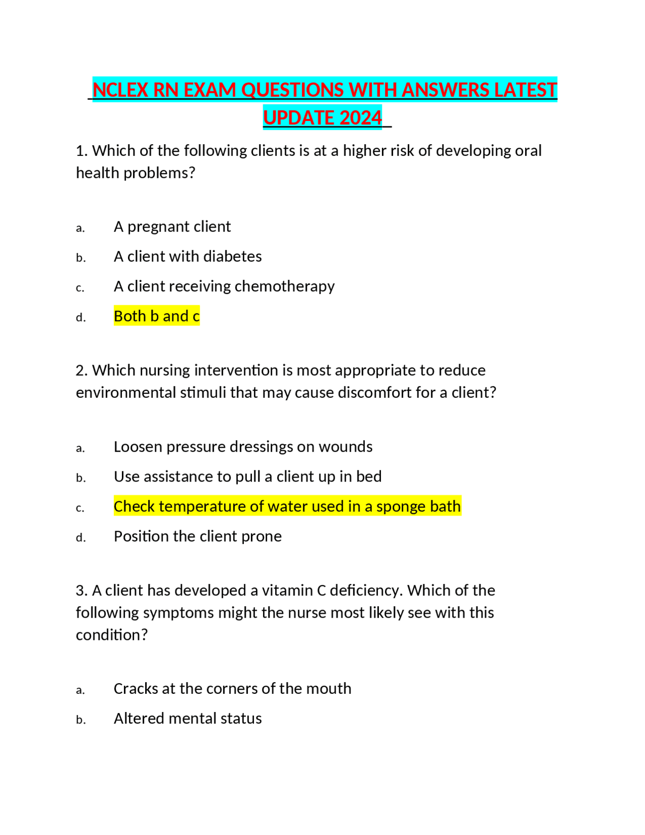 NCLEX RN EXAM QUESTIONS WITH ANSWERS LATEST UPDATE 2024 | Exams Nursing ...