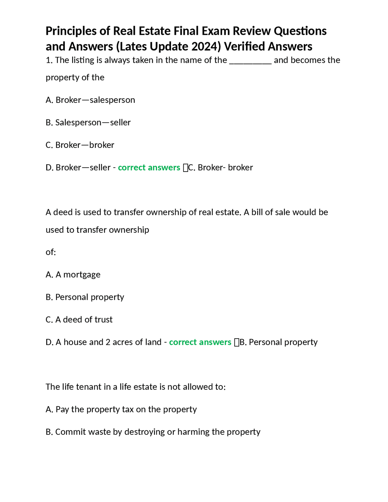 Principles of Real Estate Final Exam Review Questions and Answers