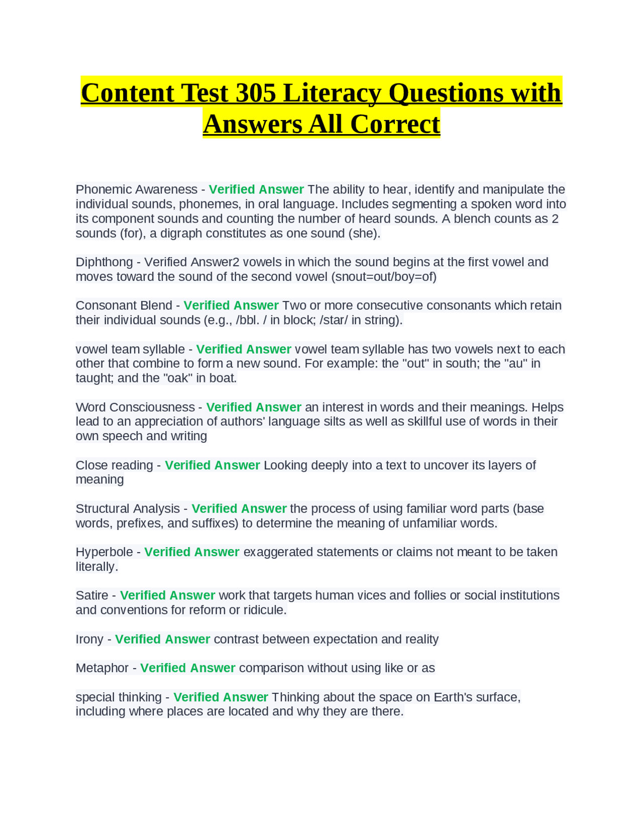 Content Test 305 Literacy Questions with Answers All Correct | Exams ...