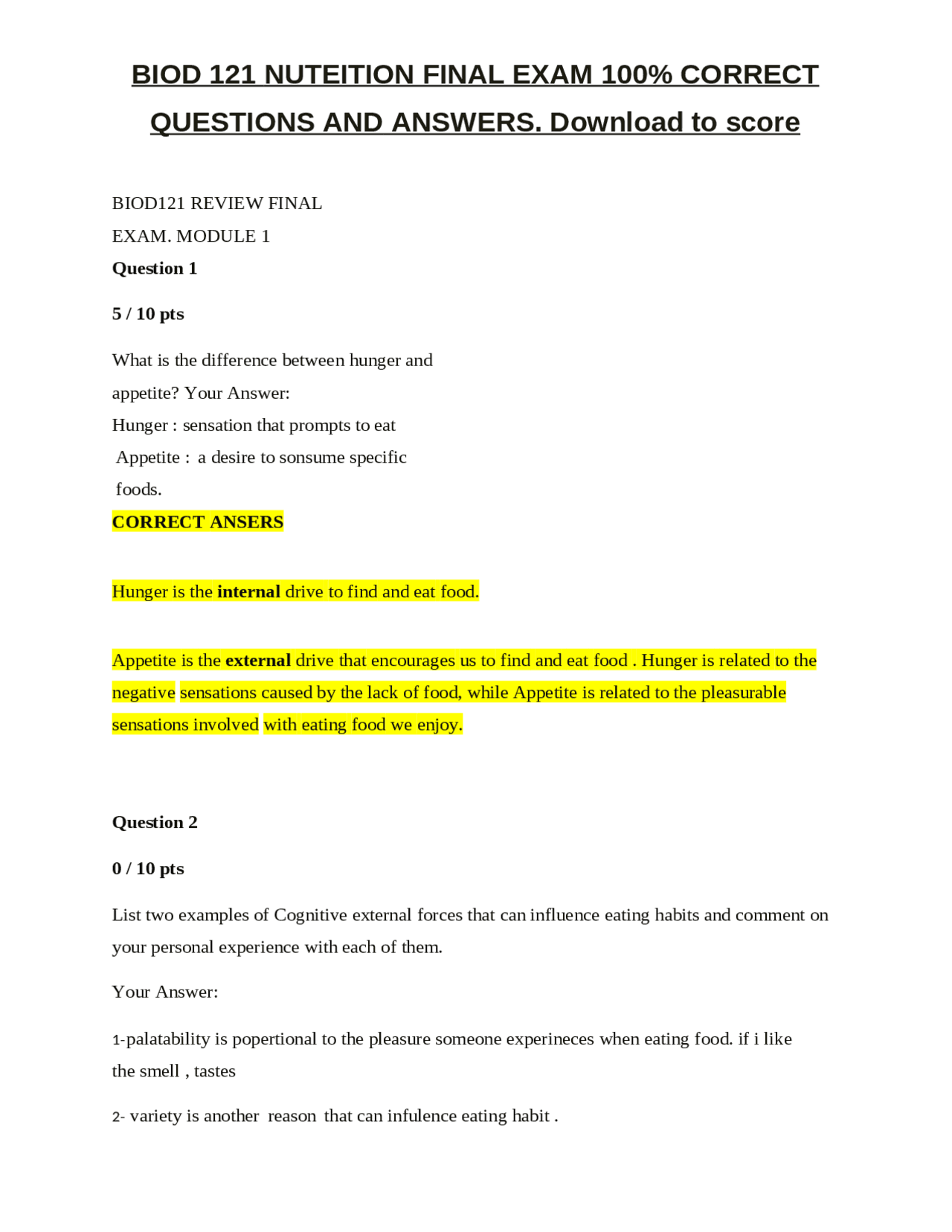BIOD 121 NUTEITION FINAL EXAM 100% CORRECT QUESTIONS AND ANSWERS ...