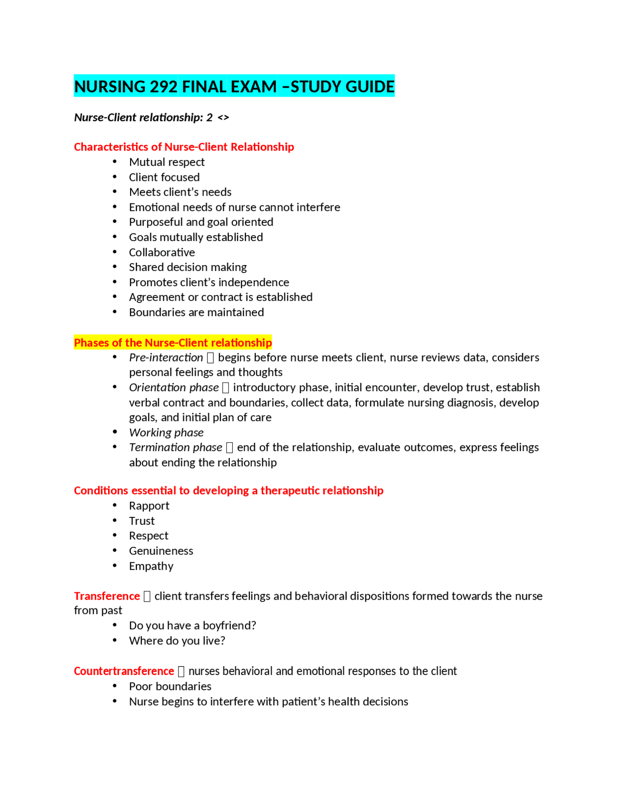 NURSING 292 FINAL EXAM –STUDY GUIDE | Study Guides, Projects, Research ...
