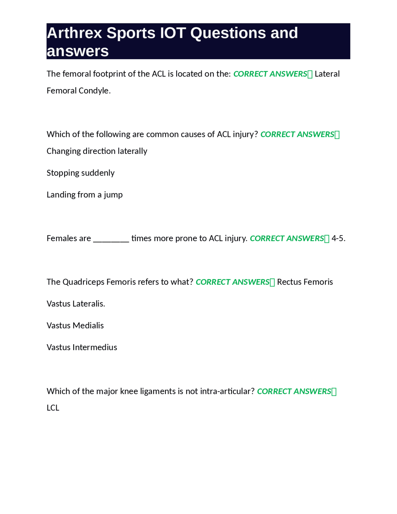 Arthrex Sports IOT Questions and answers Exams Sport Studies Docsity