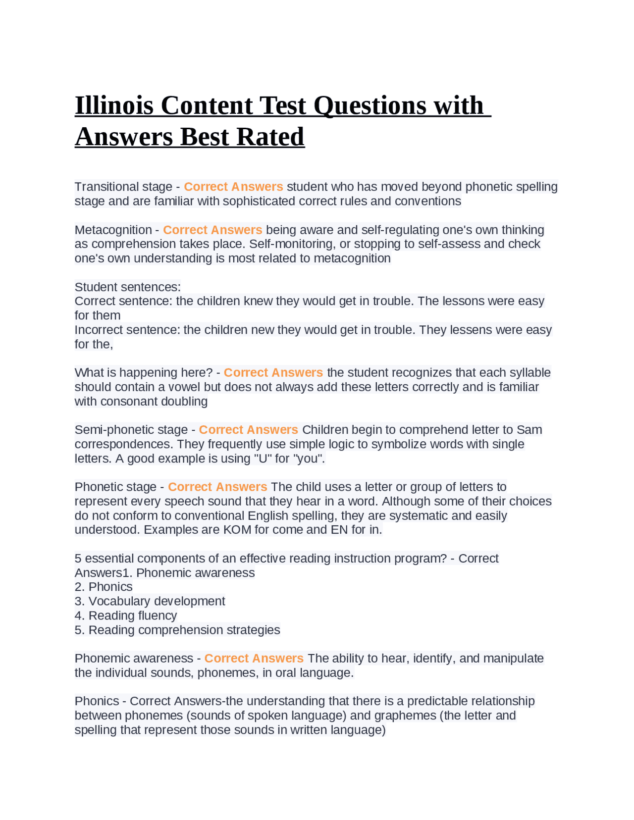 Illinois Content Test Questions with Answers Best Rated | Exams Nursing ...
