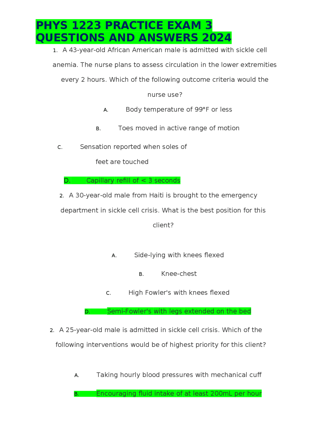 Nursing Practice Exam 3 Questions and Answers 2024 | Exams Nursing ...