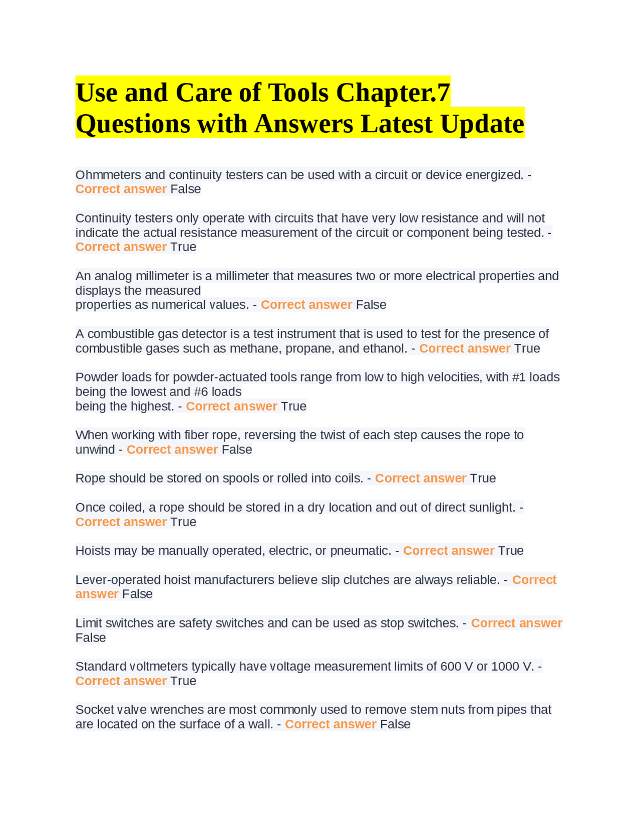 Use and Care of Tools Chapter.7 Questions with Answers Latest Update ...