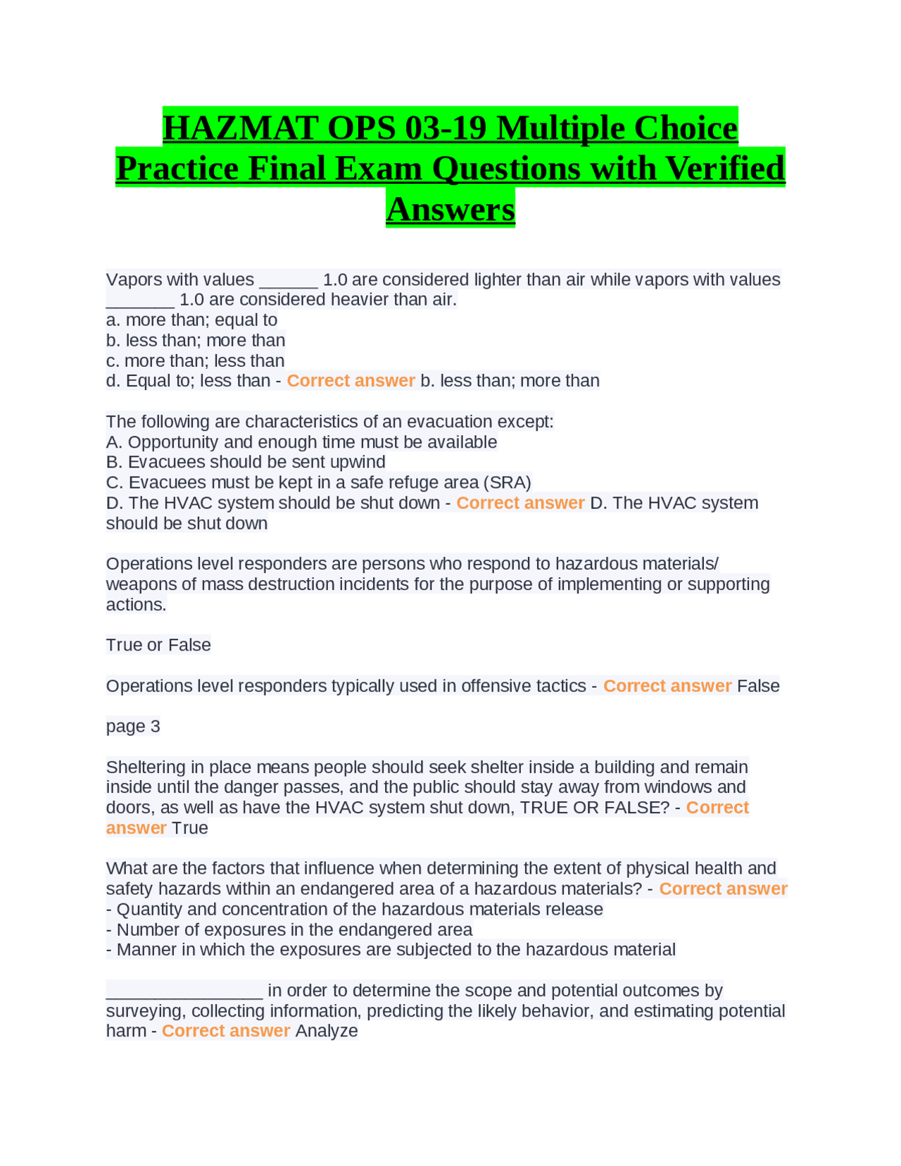 HAZMAT OPS 0319 Multiple Choice Practice Final Exam Questions with Verified Answers Exams