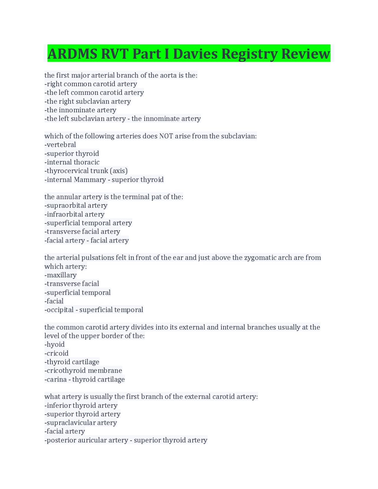 Ardms Rvt Exam Questions Anatomy of Major Arteries and Veins | Exams Health sciences | Docsity