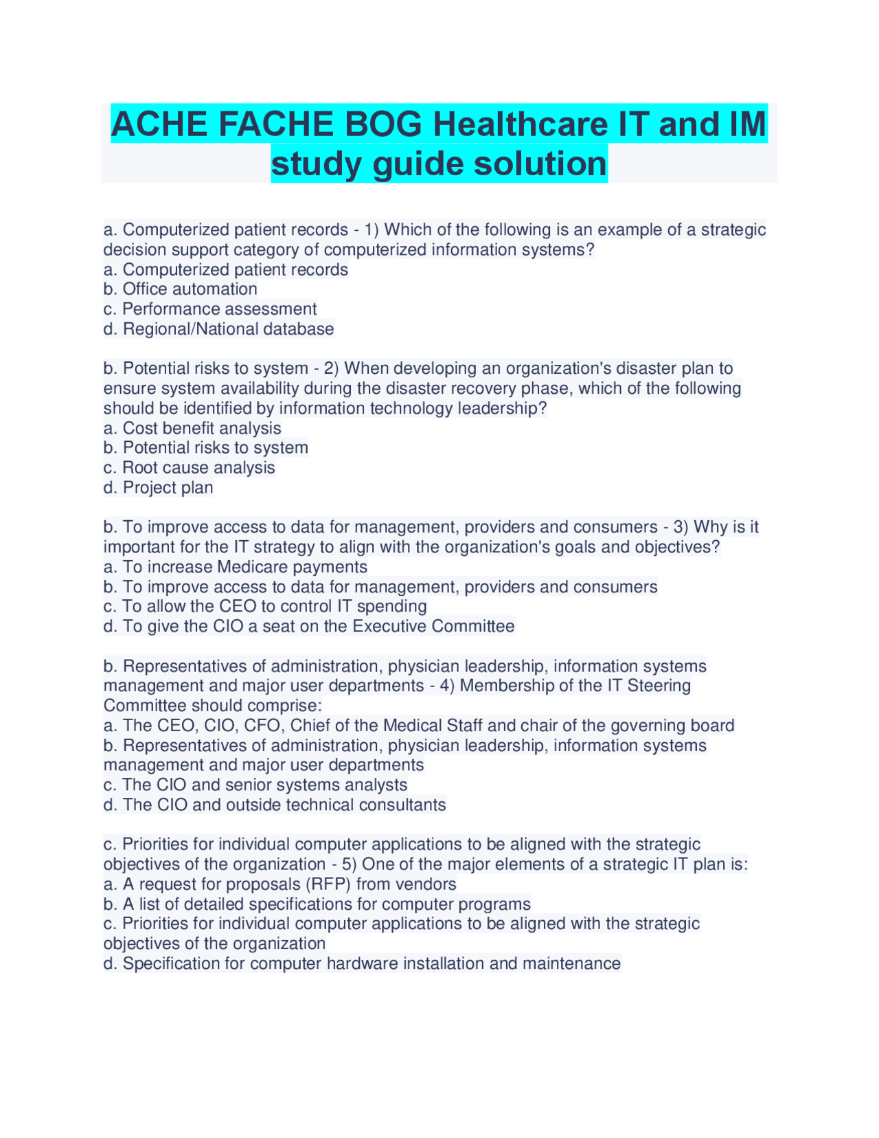 ACHE FACHE BOG Healthcare IT and IM study guide solution | Exams Health ...