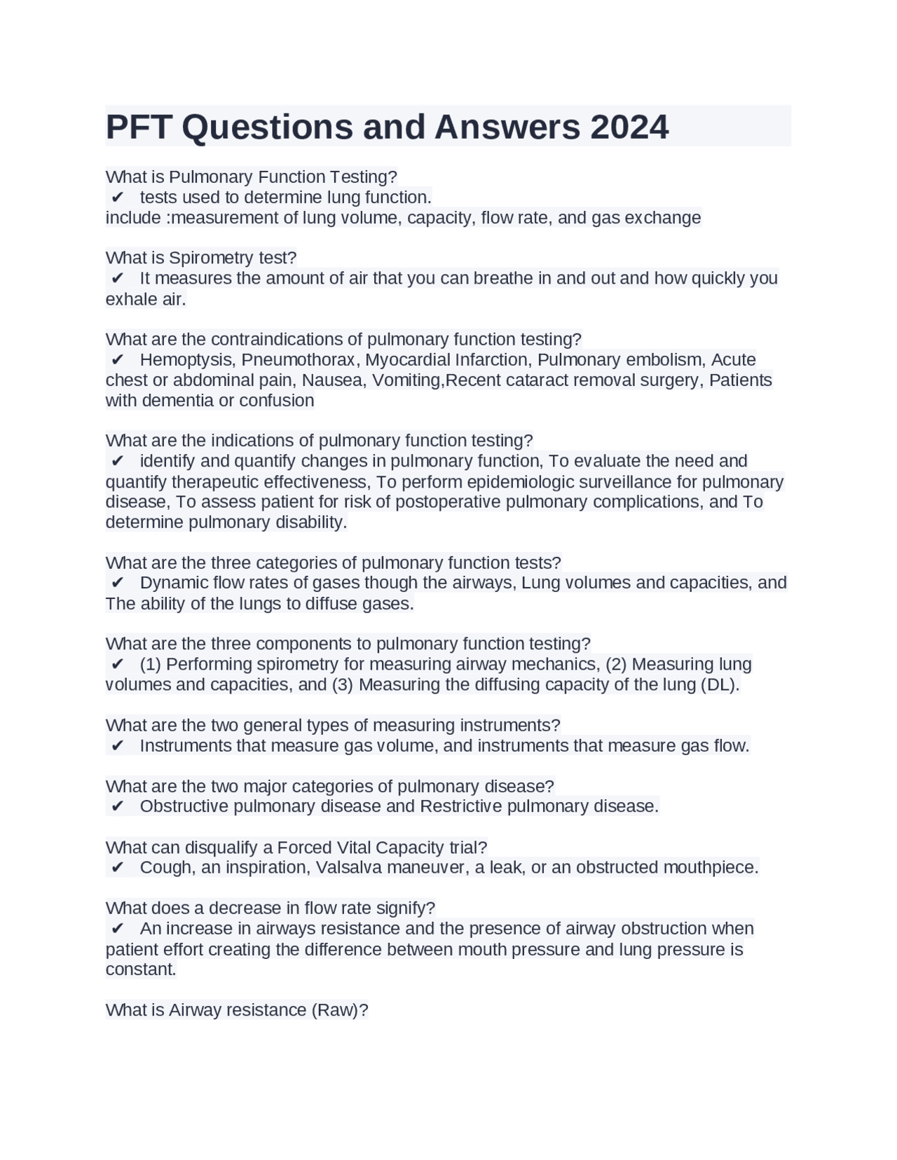 Pulmonary Function Testing Questions and Answers for 2024 Exams