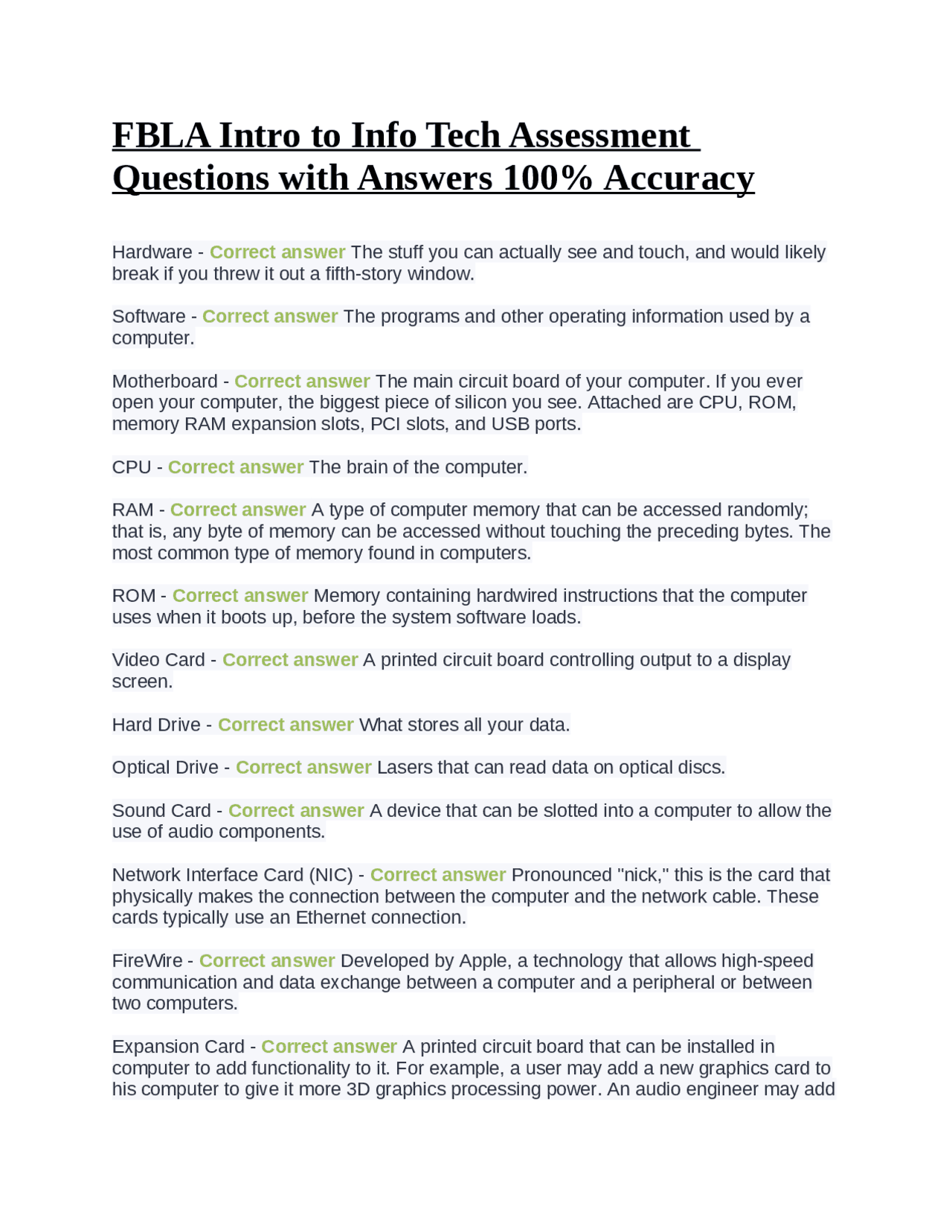 FBLA Intro to Info Tech Assessment Questions with Answers 100% Accuracy ...