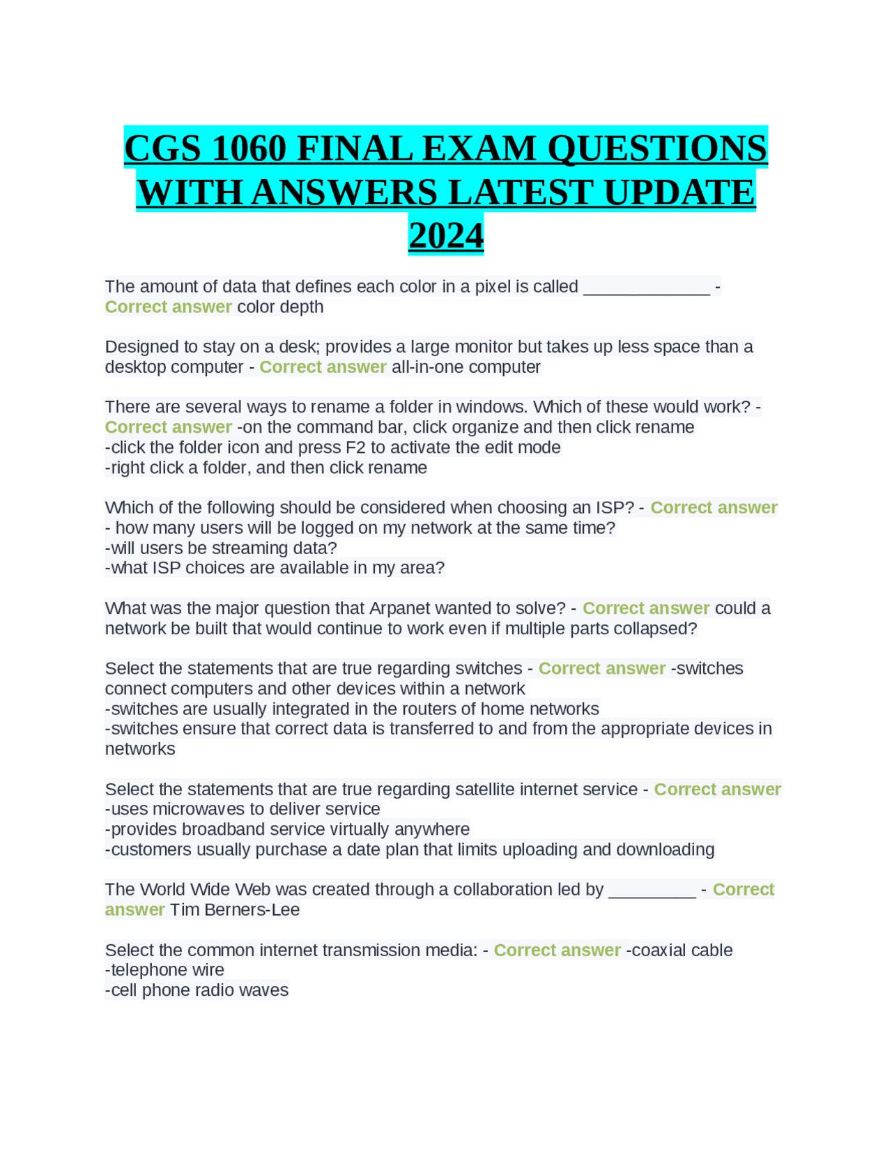 CGS 1060 FINAL EXAM QUESTIONS WITH ANSWERS LATEST UPDATE 2024 | Exams ...