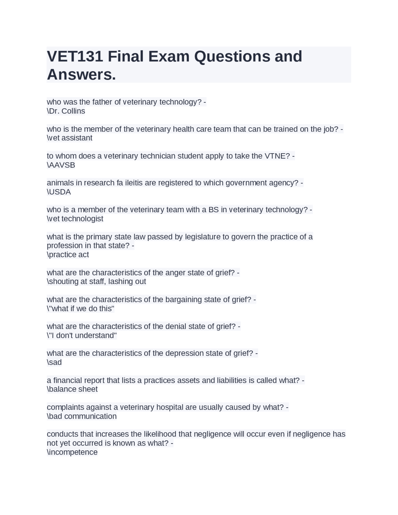 Veterinary Technology Final Exam Questions and Answers | Exams Medicine ...