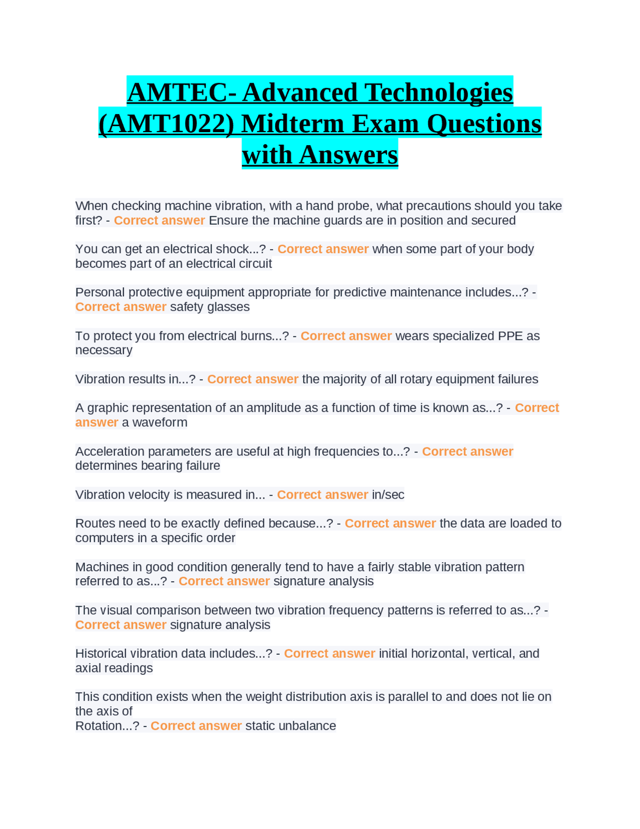 AMTEC Midterm Exam Questions Predictive Maintenance and Machine