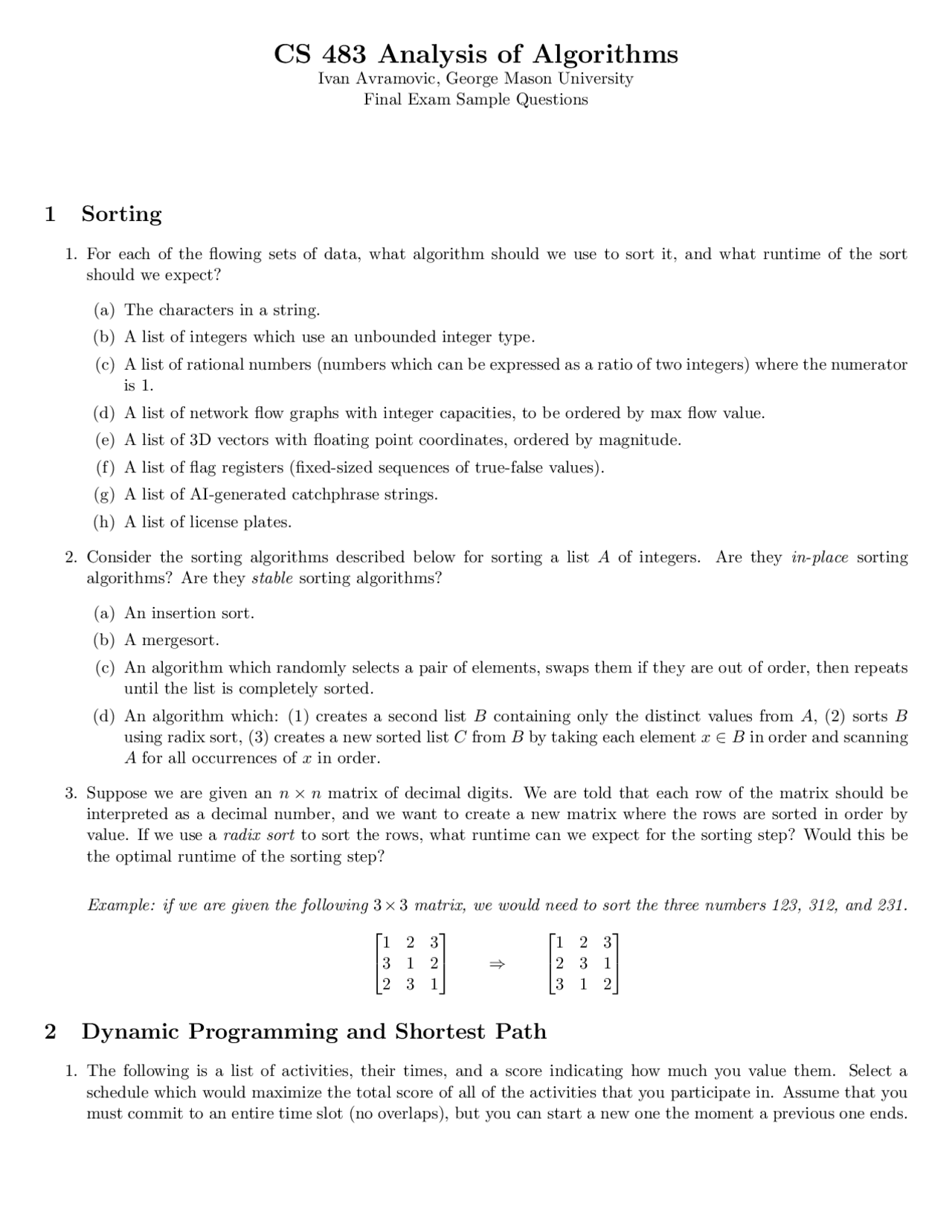practice exam algorithm design - questions - algorithm... Analysis of Algorithms Exam Sample Questions | Study notes Design and ...