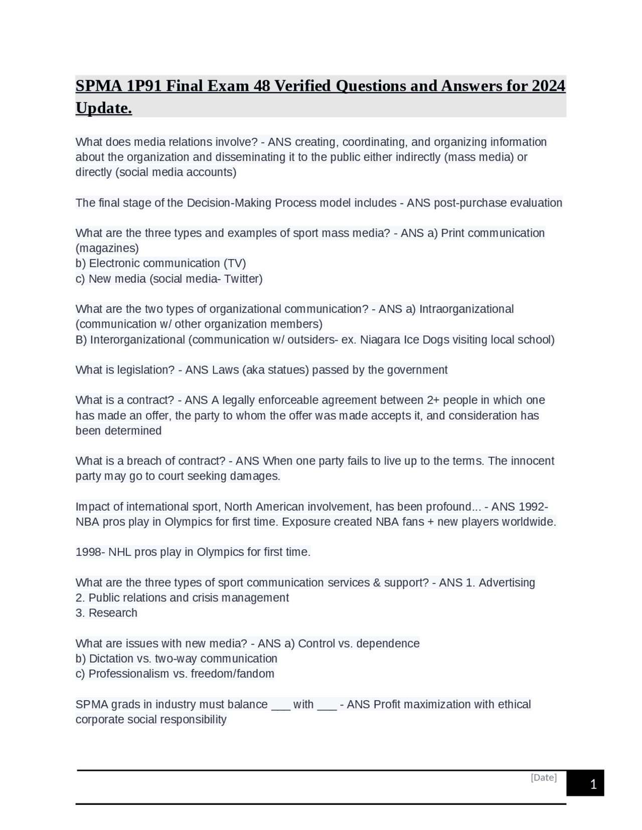 Exam Questions and Answers for SPMA 1P91 Final Exam 2024 | Exams ...
