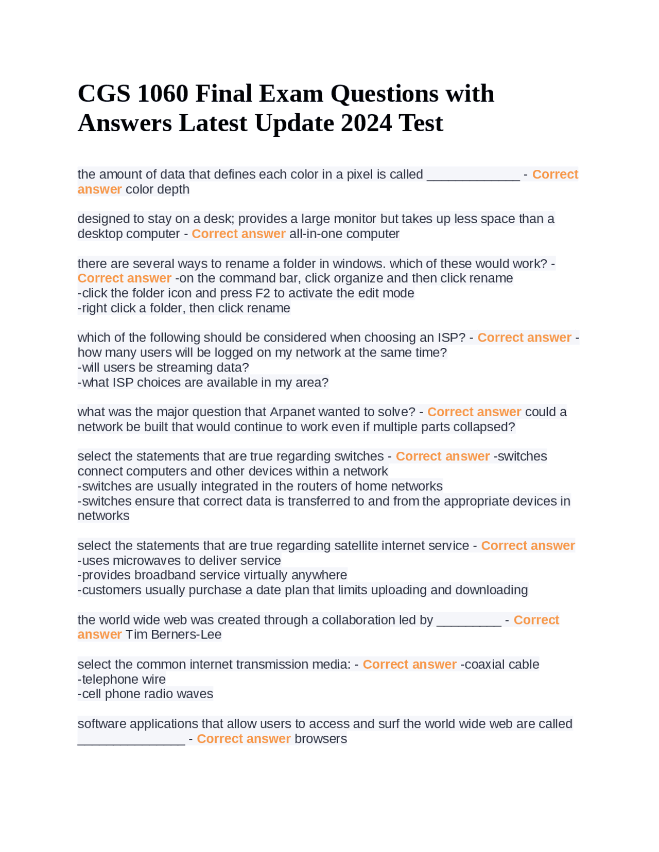 CGS 1060 Final Exam Questions with Answers Latest Update 2024 Test ...