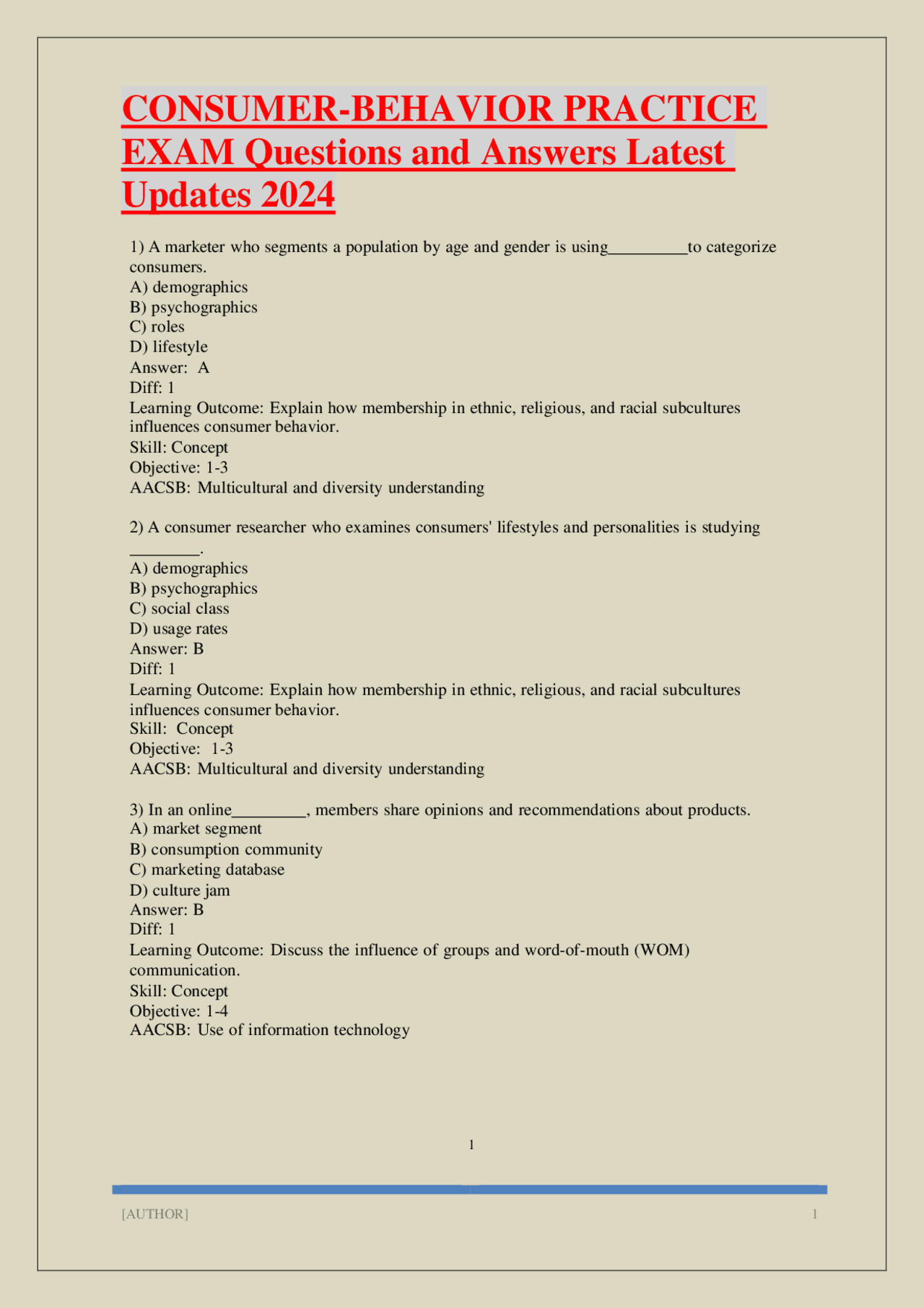 CONSUMER-BEHAVIOR PRACTICE EXAM Questions and Answers Latest Updates ...
