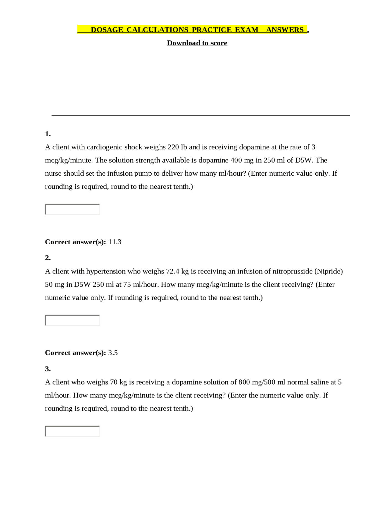 DOSAGE CALCULATIONS PRACTICE EXAM ANSWERS . Download to score | Exams ...