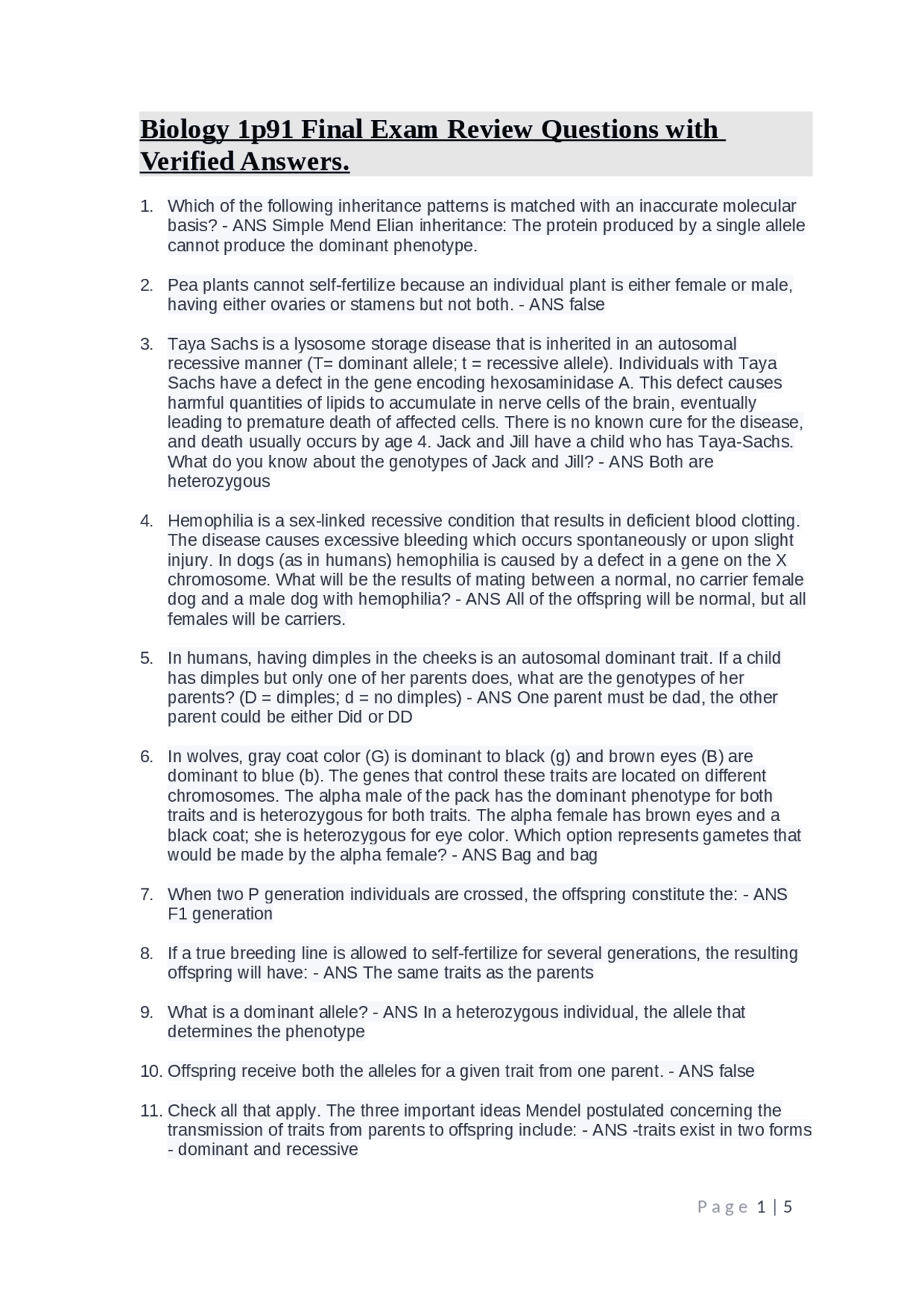 Biology 1p91 Final Exam Review Questions with Verified Answers. | Exams ...