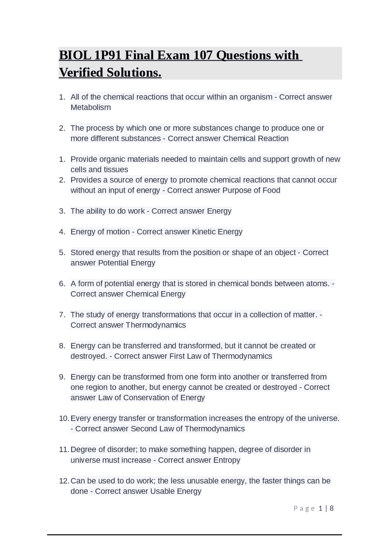 BIOL 1P91 Final Exam 107 Questions with Verified Solutions. | Exams ...