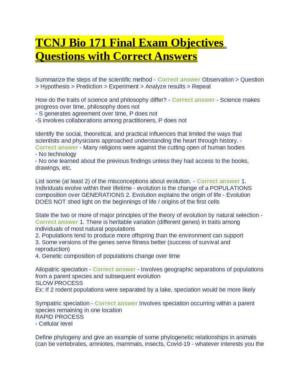 TCNJ Bio 171 Final Exam Objectives Questions with Correct Answers