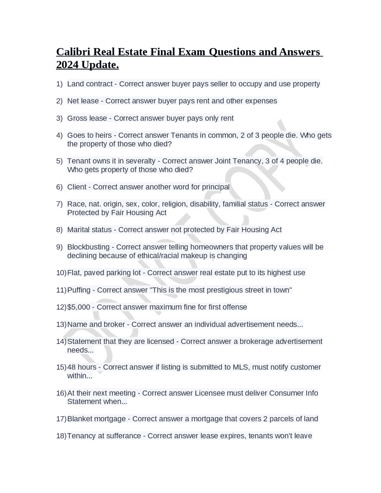 Calibri Real Estate Final Exam Questions and Answers 2024 Update