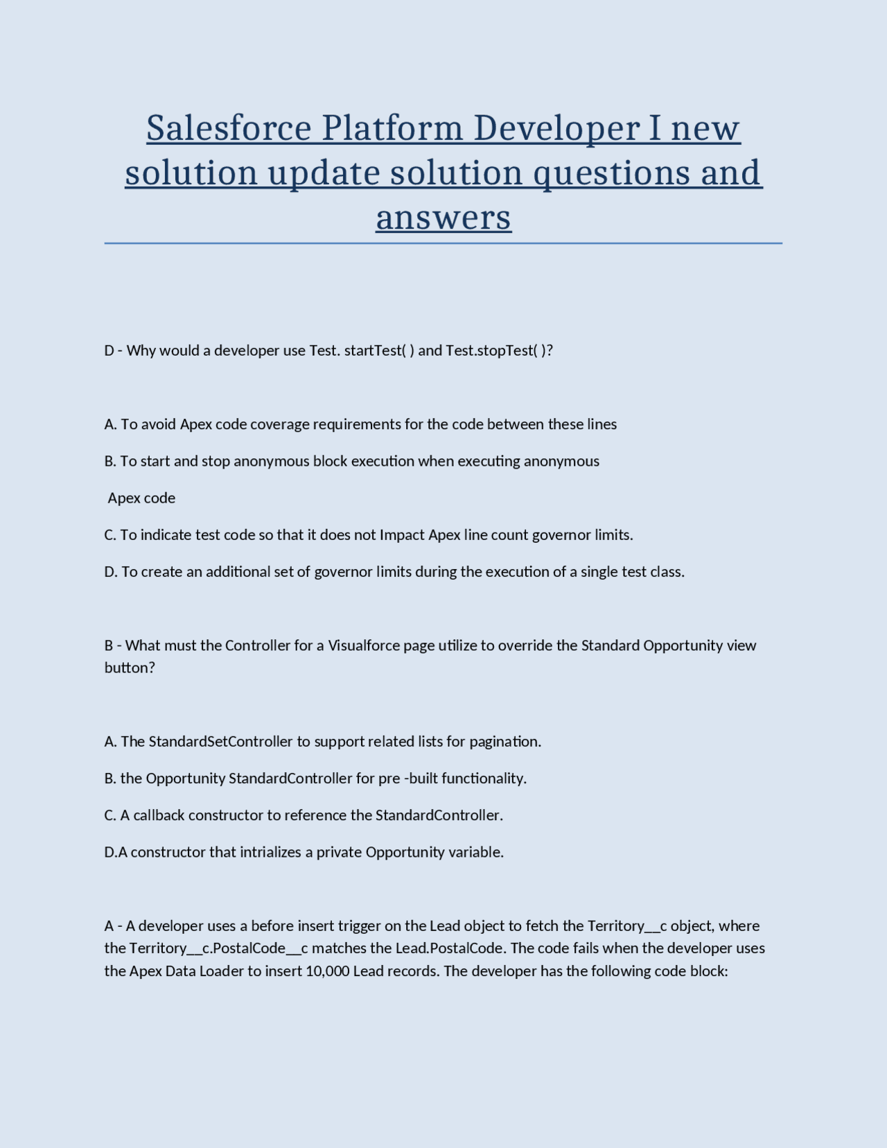 Salesforce Platform Developer I new solution update solution questions ...