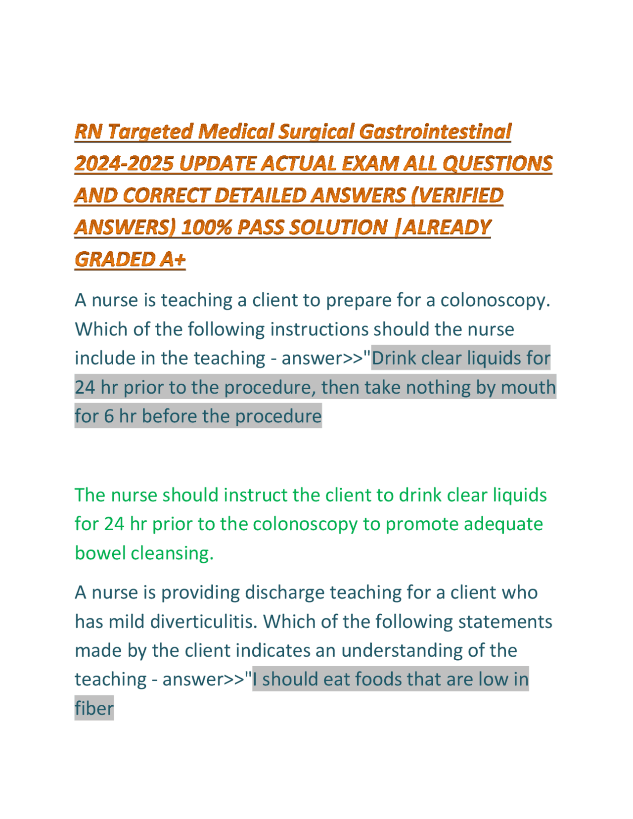 RN Targeted Medical Surgical Gastrointestinal EXAM 2024 LATEST VERSION