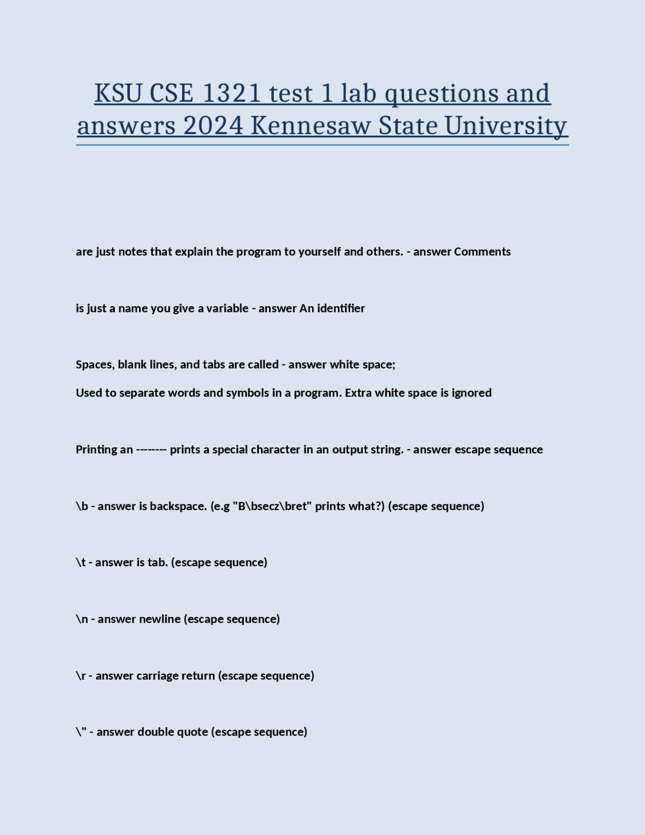 KSU CSE 1321 test 1 lab questions and answers 2024 Kennesaw State ...
