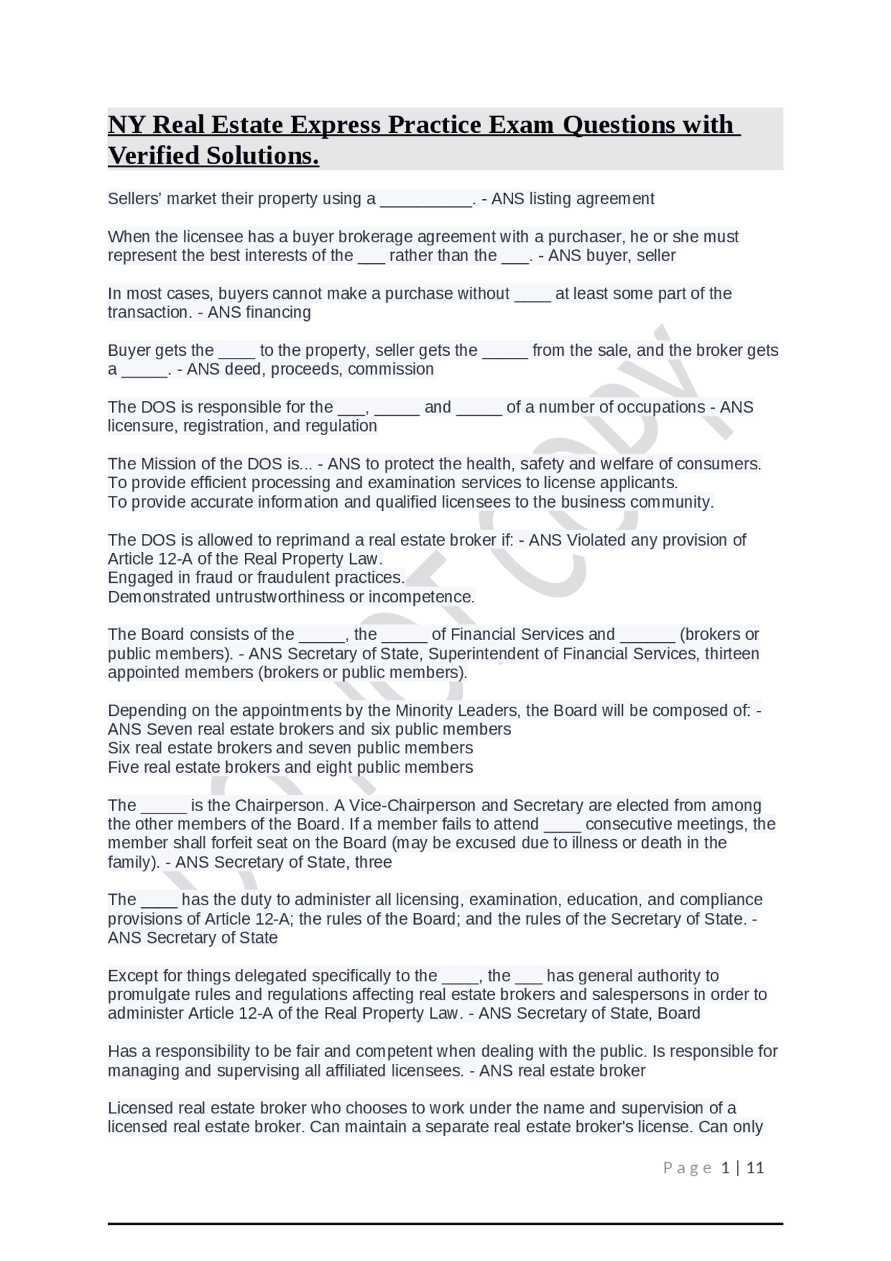 NY Real Estate Express Practice Exam Questions with Verified Solutions