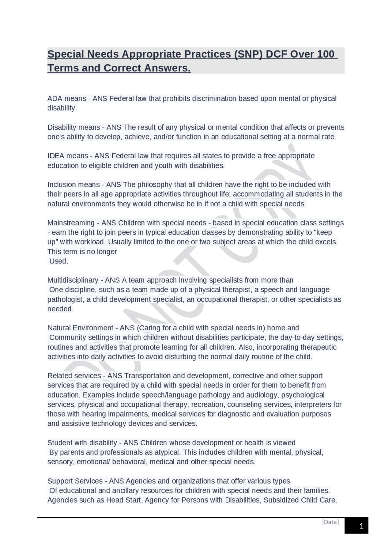 Special Needs Appropriate Practices (SNP) DCF Over 100 Terms and ...