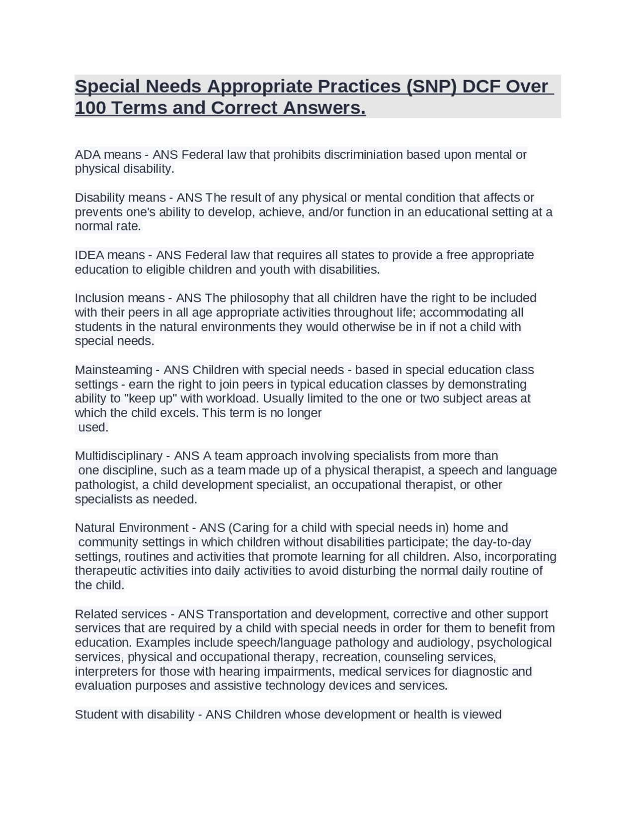 Special Needs Appropriate Practices (SNP) DCF Over 100 Terms and ...