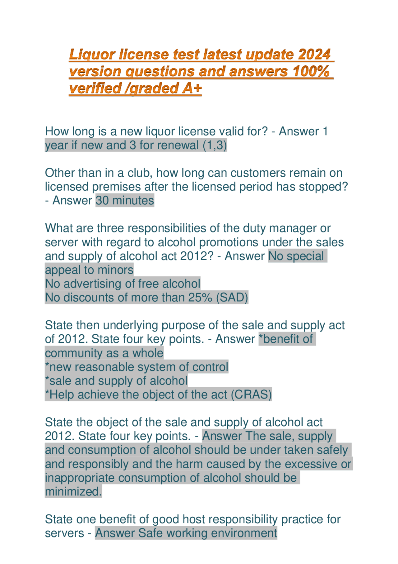 liquor_license_test EXAM 2024 LATEST UPDATE QUESTIONS AND CORRECT