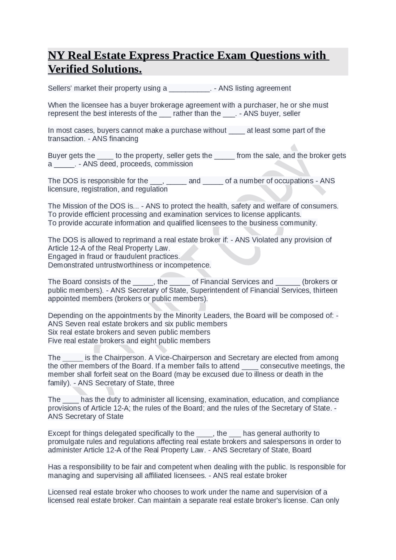 NY Real Estate Express Practice Exam Questions with Verified Solutions