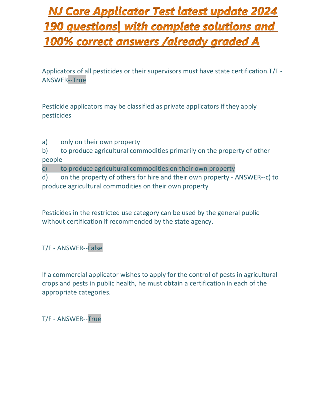 NJ Core Applicator EXAM 2024 LATEST VERSION QUESTIONS AND CORRECT