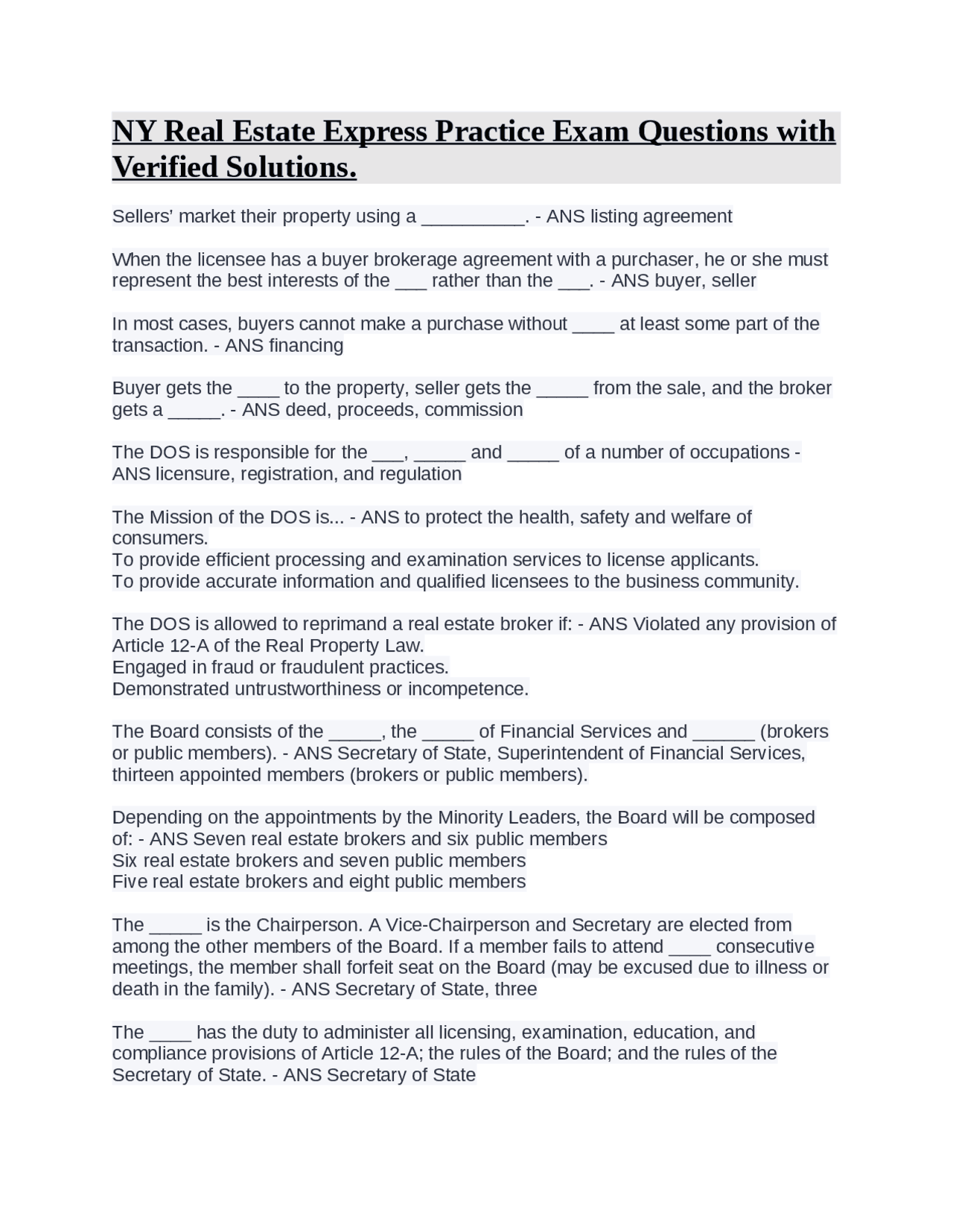 NY Real Estate Express Practice Exam Questions with Verified Solutions