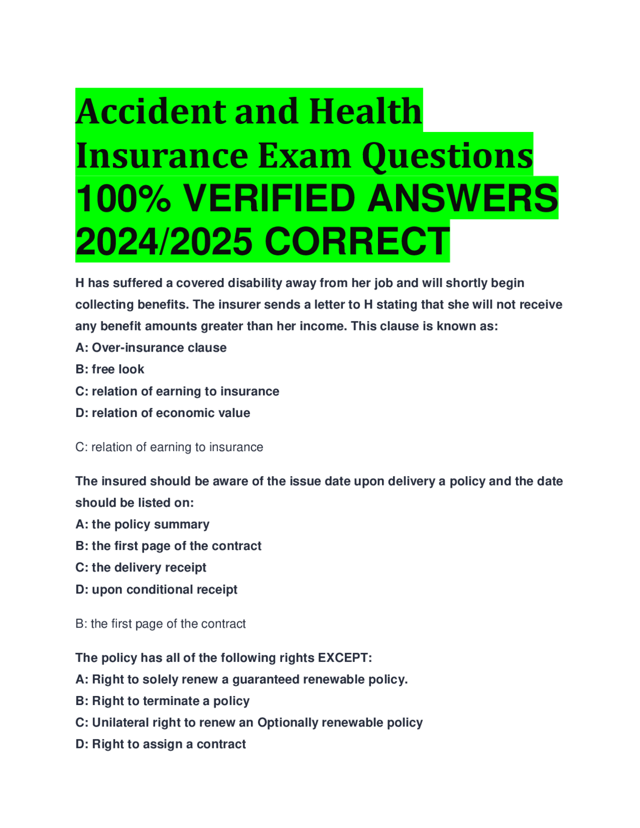 Accident and Health Insurance Exam Questions 100% VERIFIED ANSWERS 2024 ...