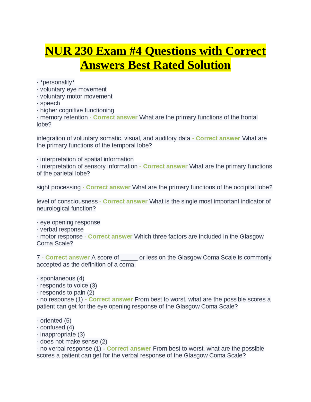 NUR 230 Exam #4 Questions with Correct Answers Best Rated Solution ...