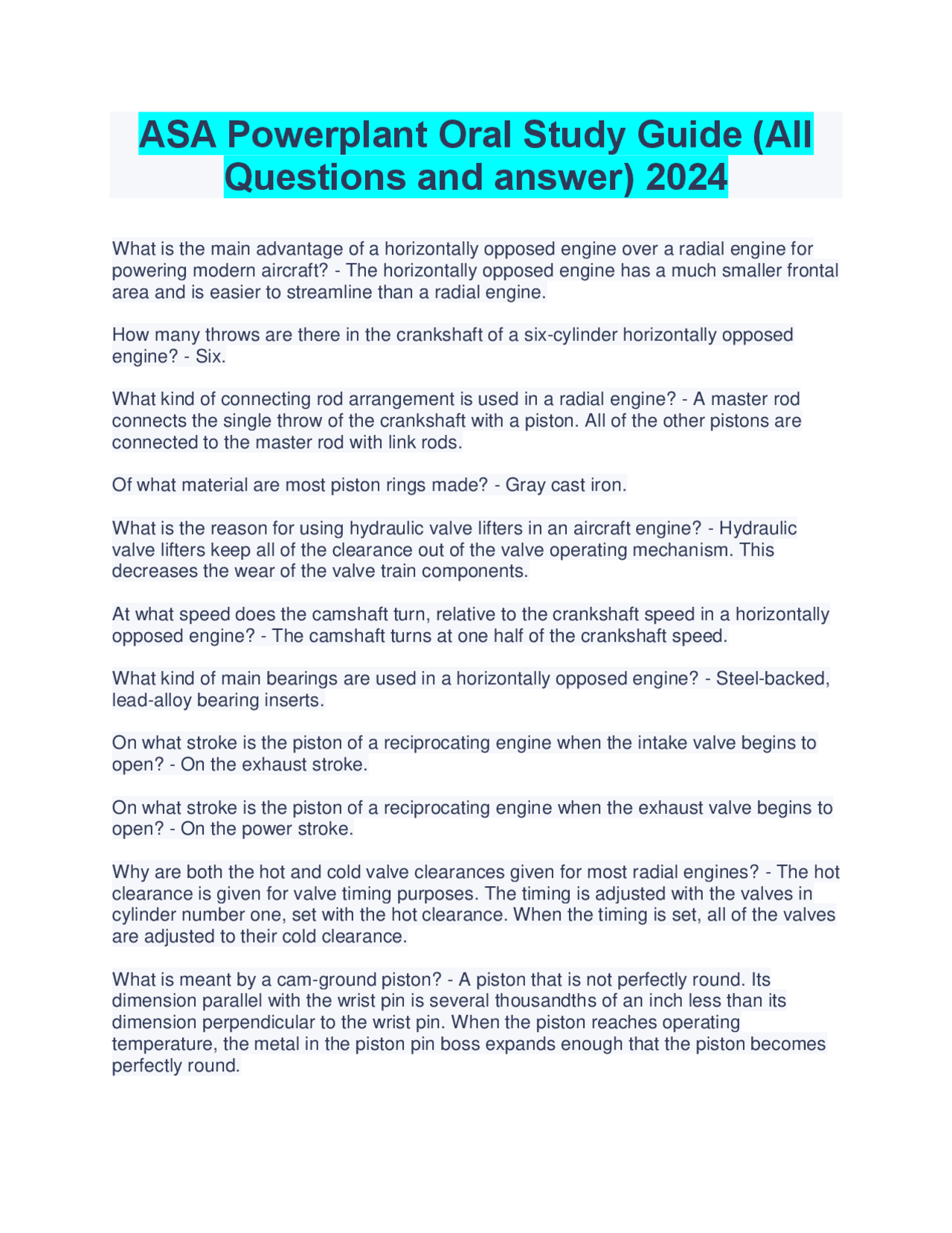 ASA Powerplant Oral Study Guide (All Questions and answer) 2024 Exams Aviation Docsity