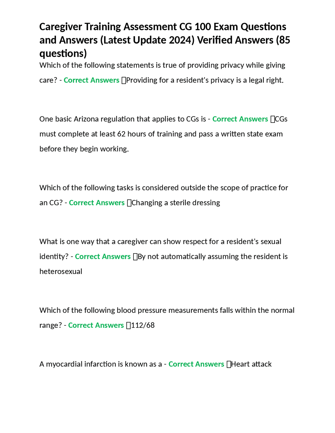 Caregiver Training Assessment CG 100 Exam Questions and Answers (Latest Update 2024) Verif ...