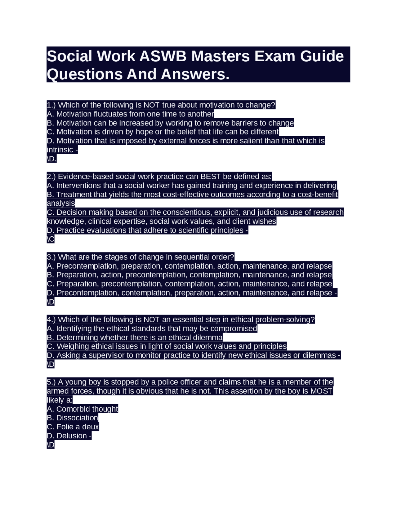 Social Work ASWB Masters Exam Guide Questions And Answers. | Exams ...